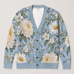 Blue Chrysanthemum Floral Garden Style For Everyday Layering And Weekend Outings All-over Print Knitted Cardigan