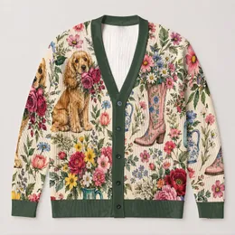 Watercolor Floral Garden Motifs for Relaxed Bohemian Layering, Women's Everyday Wear All-over Print Knitted Cardigan