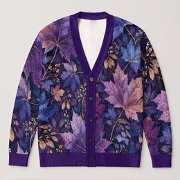 Purple Maple Leaves With Golden Accents For Autumn Strolls And Vacation Evenings, Women All-over Print Knitted Cardigan