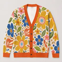 Bohemian Floral Color-Block Motifs For Casual Weekend Layering And Everyday Women's Style All-over Print Knitted Cardigan