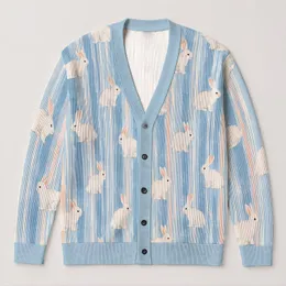White Rabbit Blue Stripes for Spring Vacation Dates and Easy Everyday Layering Style All-over Print Knitted Cardigan