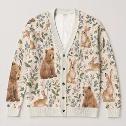 Brown Bear Rabbit Woodland Wildflower Style For Cozy Everyday Layering Women Nature Lovers All-over Print Knitted Cardigan