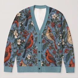 Red Cardinals and Berry Branches for Cozy Winter Layering and Holiday Nature Style All-over Print Knitted Cardigan