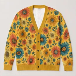 Sunburst Floral Blooms for Sunny Everyday Layering and Relaxed Gift Giving Style All-over Print Knitted Cardigan