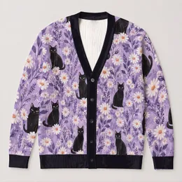 Black Cat Daisy Lavender Floral Motif for Spring Vacation and Everyday Weekend Wear All-over Print Knitted Cardigan