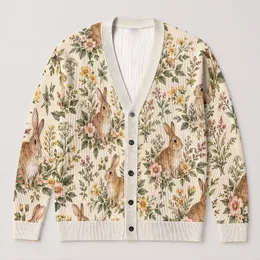 Watercolor Rabbit Wildflower Meadow for Spring Cottagecore Layering Gifts for Women All-over Print Knitted Cardigan