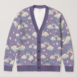 Pastel Rainbow Clouds for Cheerful Casual Layering in Fall and Winter Wear, Women All-over Print Knitted Cardigan