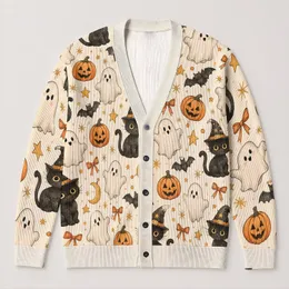 Black Cat Halloween Witch Motifs For Cozy Autumn Layering, Women's Gothic Style Wear All-over Print Knitted Cardigan