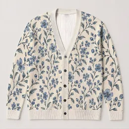 Blue Botanical Blossoms for Everyday Layering and Casual Weekend Style for Women, Giftable All-over Print Knitted Cardigan