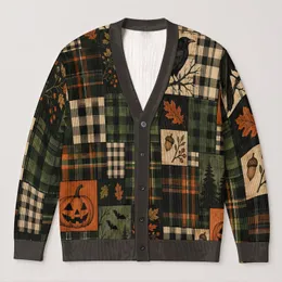 Halloween Raven Moon Pumpkin Patchwork for Spooky Season Gifts and Autumn Style All-over Print Knitted Cardigan
