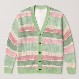 Pastel Green and Pink Stripes for Spring Layering and Casual Weekend Style All-over Print Knitted Cardigan