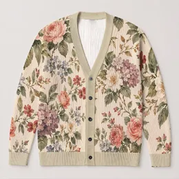 Vintage Cream Floral Blooms For Office Travel And Everyday Bohemian Layering Style All-over Print Knitted Cardigan