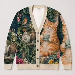 Orange Tabby Tea Garden Scene for Cozy Everyday Layering and Casual Elegance Style All-over Print Knitted Cardigan
