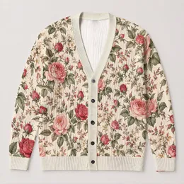 Pink Rose Botanical Floral Layering Style for Spring Autumn Everyday Wear for Women All-over Print Knitted Cardigan
