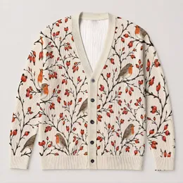 Robin And Rosehip Woodland Motifs For Cozy Everyday Layering And Nature Lovers All-over Print Knitted Cardigan