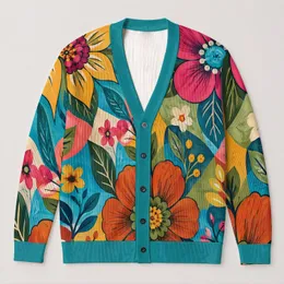 Colorful Folk Floral Blooms for Bright Spring and Summer Everyday Layering All-over Print Knitted Cardigan