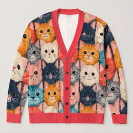 Colorful Cat Faces for Cozy Everyday Layering and Whimsical Weekend Adventure Wear All-over Print Knitted Cardigan