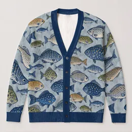 Blue and Folk Fish Motifs for Relaxed Seaside Weekends and Everyday Layering All-over Print Knitted Cardigan