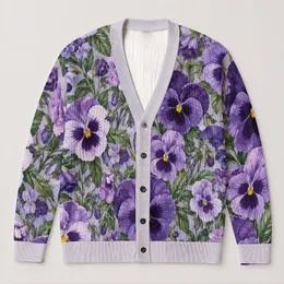 Violet Pansy And Lavender Blooms For Everyday Garden-Inspired Style All-over Print Knitted Cardigan