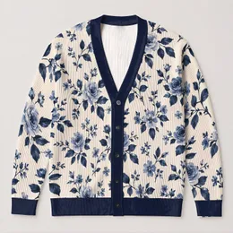 Navy Watercolor Rose Florals for Elegant Everyday Layering and Relaxed Style All-over Print Knitted Cardigan