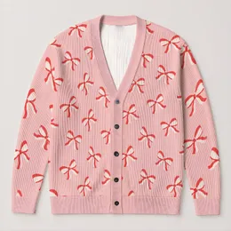 Coral And Ivory Bow Motif For Cozy Fall And Winter Everyday Style All-over Print Knitted Cardigan
