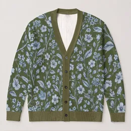 Olive Blue Botanical Foliage for Cozy Autumn Layering and Everyday Garden Style All-over Print Knitted Cardigan