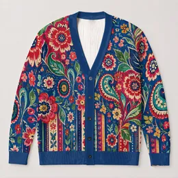 Colorful Folk Floral and Striped Textile Motifs for Everyday Autumn Layering All-over Print Knitted Cardigan