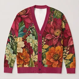 Autumn Botanical Flowers And Foliage For Colorful Everyday Layering All-over Print Knitted Cardigan