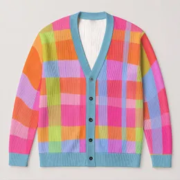 Pastel Rainbow Checks for Cozy Autumn Layering and Bright Everyday Women's Style All-over Print Knitted Cardigan