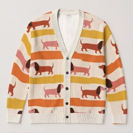 Playful Dachshund Dogs and Autumn Color Bands for Cozy Everyday Layering Style Wear All-over Print Knitted Cardigan