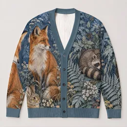 Woodland Fox, Rabbit, Raccoon and Butterflies for Cozy Autumn Days and Nature Lovers All-over Print Knitted Cardigan