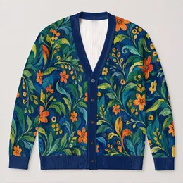 Abstract Botanical Blooms for Colorful Everyday Layering and Creative Style All-over Print Knitted Cardigan
