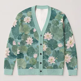 Lotus Lily And Water Lily Foliage For Relaxed Garden Days And Nature Lovers All-over Print Knitted Cardigan