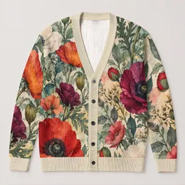 Watercolor Poppy And Anemone Blooms For Relaxed Autumn Garden Days And Layering All-over Print Knitted Cardigan