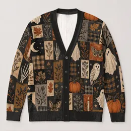 Vintage Halloween Ghost Owl Cat Pumpkin Crow Moth for Cozy Autumn Nights All-over Print Knitted Cardigan