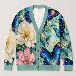 Blue Butterfly And Floral Garden Motifs For Relaxed Everyday Nature-Inspired Style All-over Print Knitted Cardigan