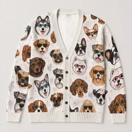 Whimsical Eyeglass-Wearing Dog Faces for Cozy Everyday Layering and Animal Lovers All-over Print Knitted Cardigan