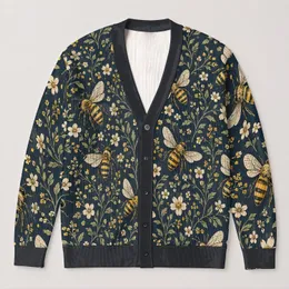Honeybee And Wildflower Motifs For Nature Lovers And Everyday Layering All-over Print Knitted Cardigan