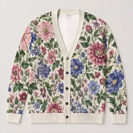 Vintage Pink Blue Floral Blooms for Relaxed Everyday Layering All-over Print Knitted Cardigan
