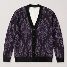 Purple Gothic Damask for Halloween Nights and Dark Academia Everyday Style All-over Print Knitted Cardigan