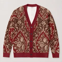 Vintage Crimson Floral Damask for Everyday Bohemian Layering and Women All-over Print Knitted Cardigan
