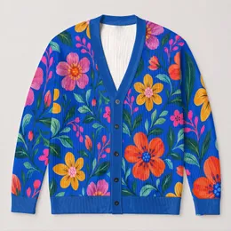 Colorful Folk Floral Blooms For Relaxed Everyday Layering All-over Print Knitted Cardigan