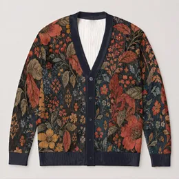 Autumn Folk Botanical Motifs for Cozy Everyday Layering in Rich Rust and Midnight Blue All-over Print Knitted Cardigan