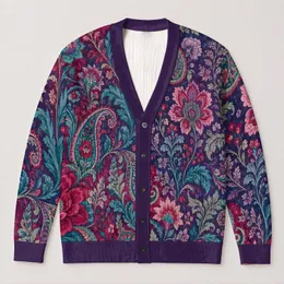 Violet Paisley Floral Garden for Colorful Everyday Autumn Layering All-over Print Knitted Cardigan