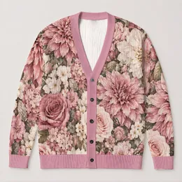 Blush Pink and Ivory Floral Blooms for Cozy Everyday Layering and Spring Outings All-over Print Knitted Cardigan