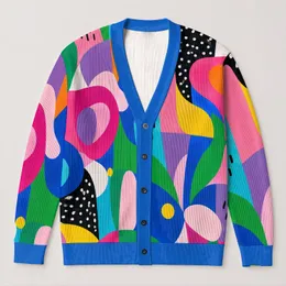 Vibrant Abstract Color-Block Shapes for Creative Everyday Layering and Casual Outings All-over Print Knitted Cardigan