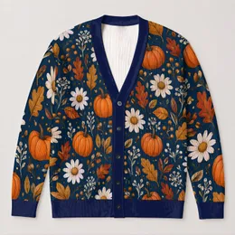 Navy Pumpkin Daisy Motif for Cozy Autumn Layering and Halloween Gatherings for Women All-over Print Knitted Cardigan