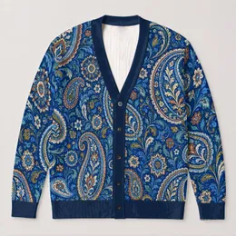 Blue Paisley Floral Motif for Relaxed Weekend Layering and Youthful Everyday Wardrobes All-over Print Knitted Cardigan