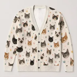 Multicolor Cat Faces and Paw Accents for Cozy Autumn Layering and Everyday Style for Women All-over Print Knitted Cardigan