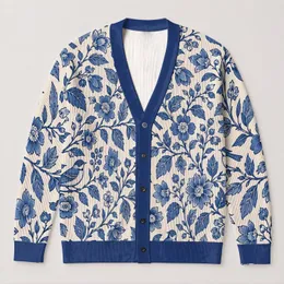 Indigo Floral Birds For Autumn Layering And Everyday Cottage Style Wardrobe Appeal All-over Print Knitted Cardigan